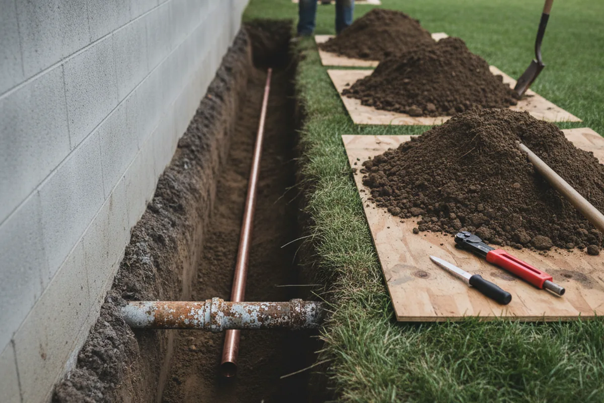 Excavated water line trench during Water Softener Installation in Shannon